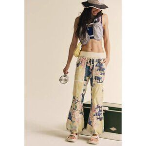 Free People Patchwork Pale Yellow & Blue Wide-Leg Pants